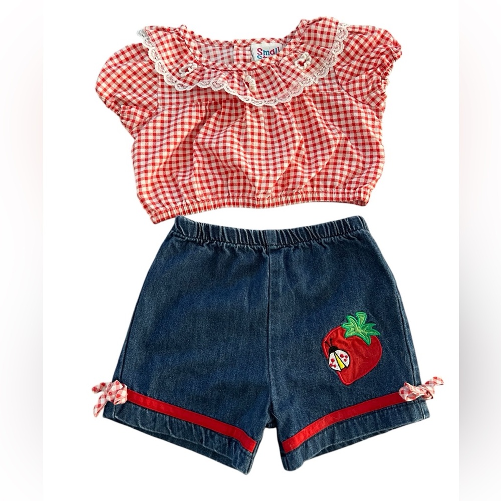Small Steps 90s Red Gingham Top and Denim Shorts Set